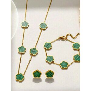 Gold Plated Clover Necklace Earring SET Green 5 Petals Unisex Womens Mens